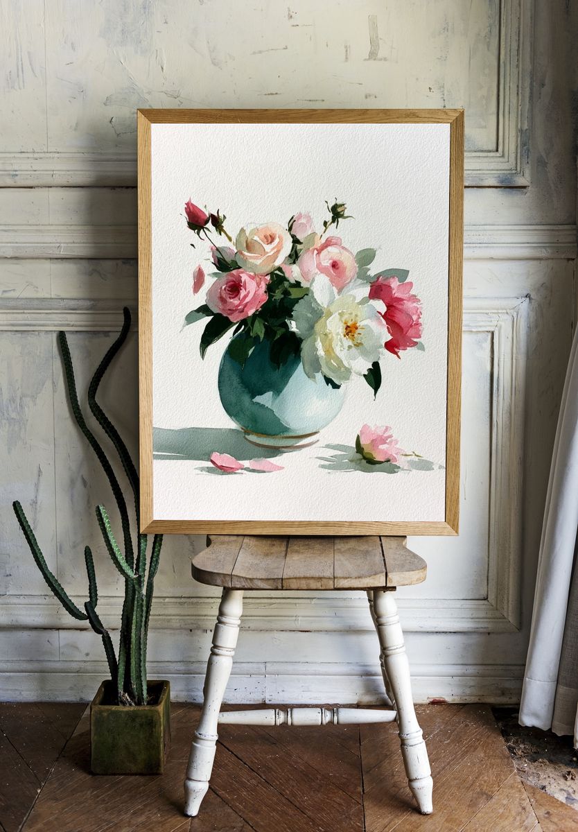 Watercolor Roses in Vase Print. room preview