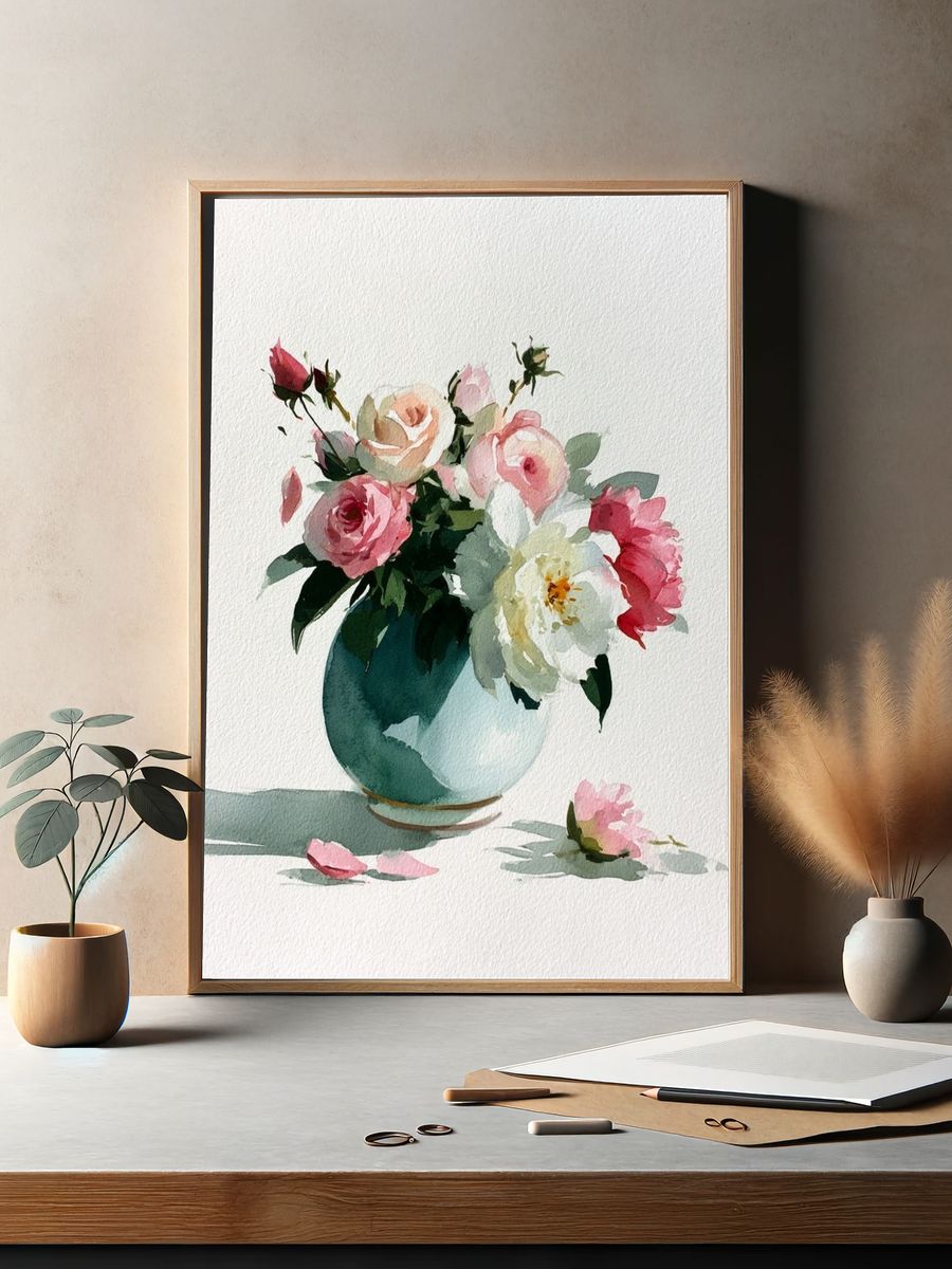 Watercolor Roses in Vase Print. — room view 2