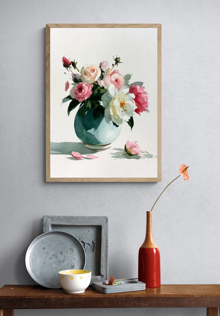 Watercolor Roses in Vase Print. — room view 3