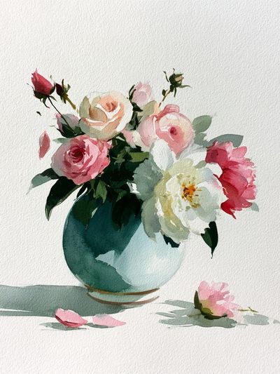 Watercolor Roses in Vase Print.