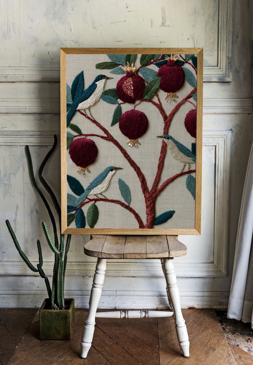 Embroidered Birds and Pomegranates Print. — room view 1