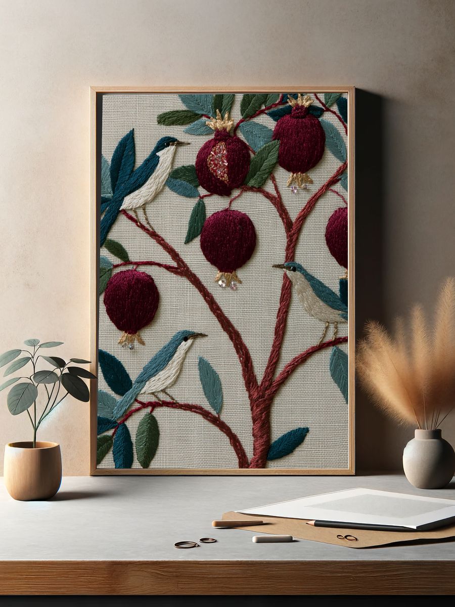 Embroidered Birds and Pomegranates Print. — room view 2