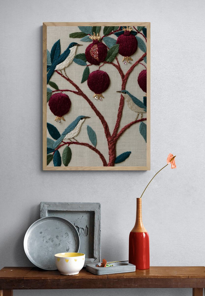 Embroidered Birds and Pomegranates Print. — room view 3