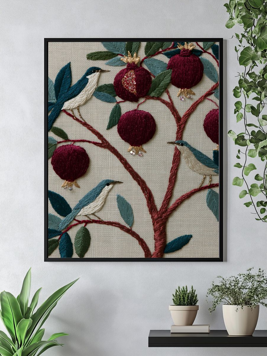 Embroidered Birds and Pomegranates Print. — room view 4