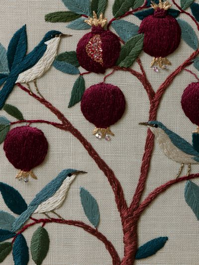 Embroidered Birds and Pomegranates Print.