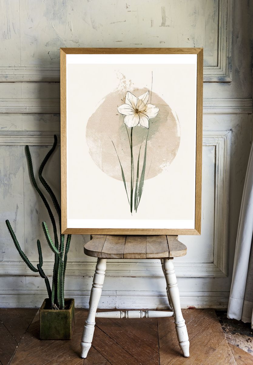 Minimal White Flower Botanical Poster. — room view 1