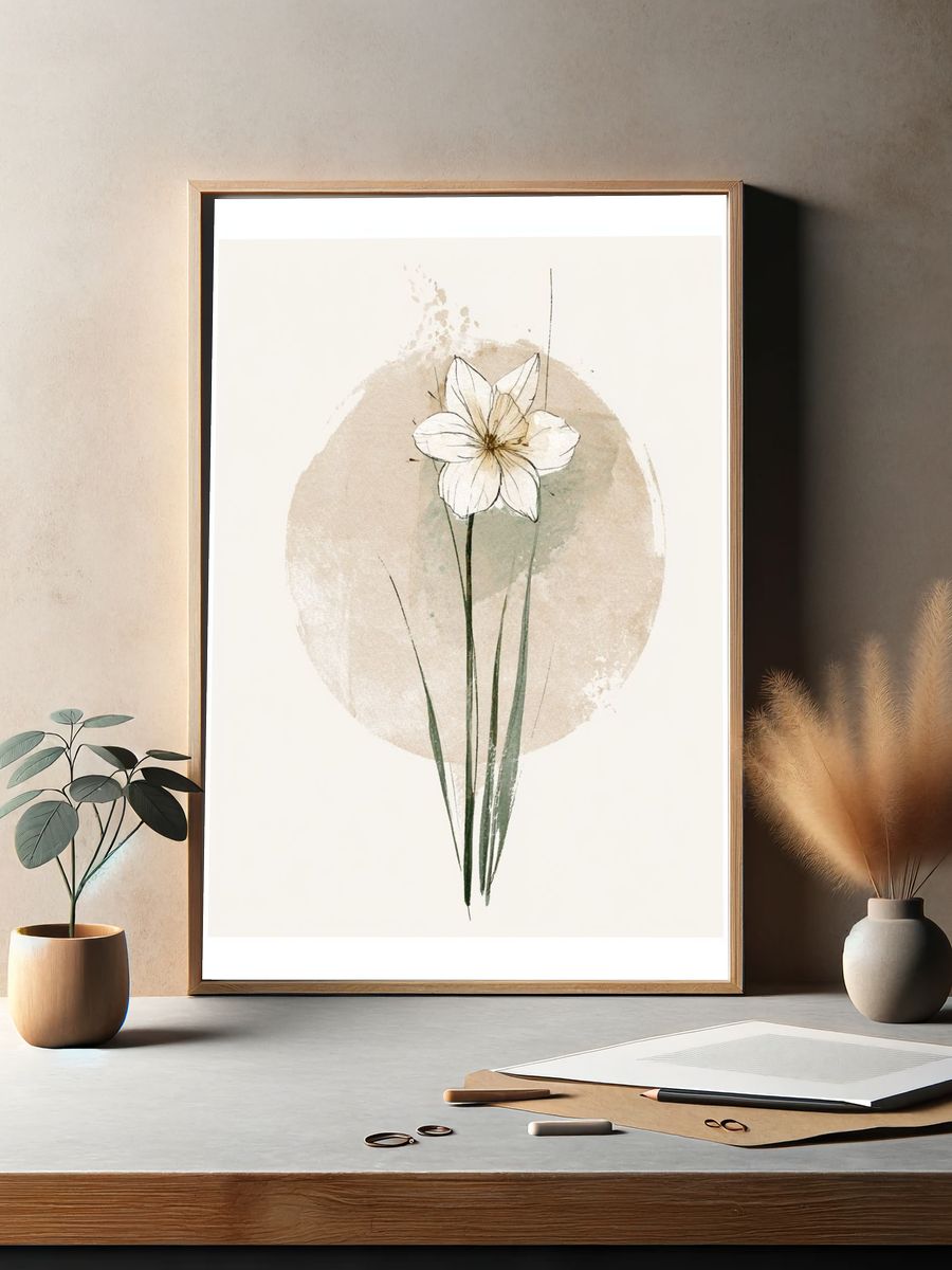 Minimal White Flower Botanical Poster. — room view 2