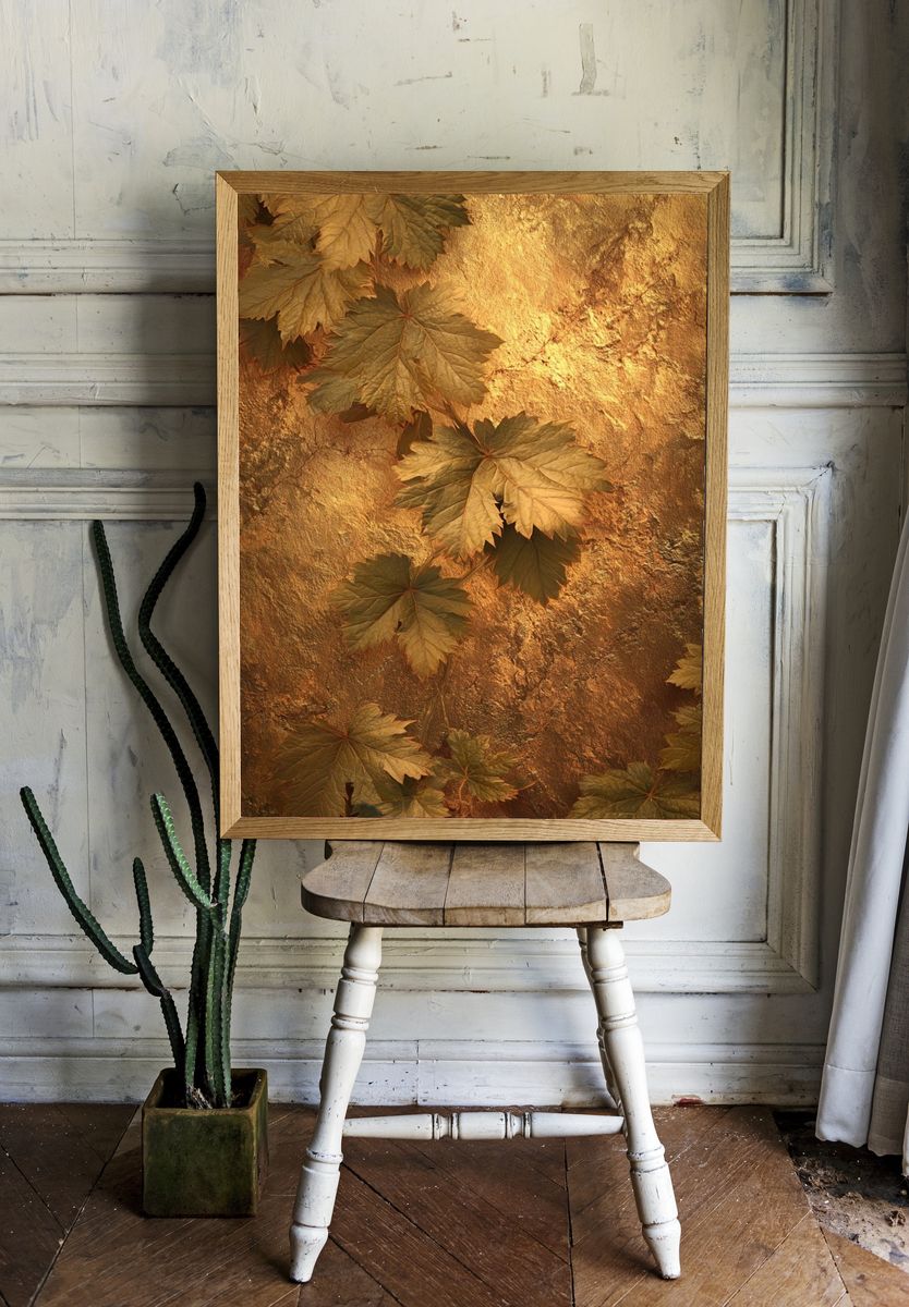 Golden Maple Leaves Botanical Print. room preview