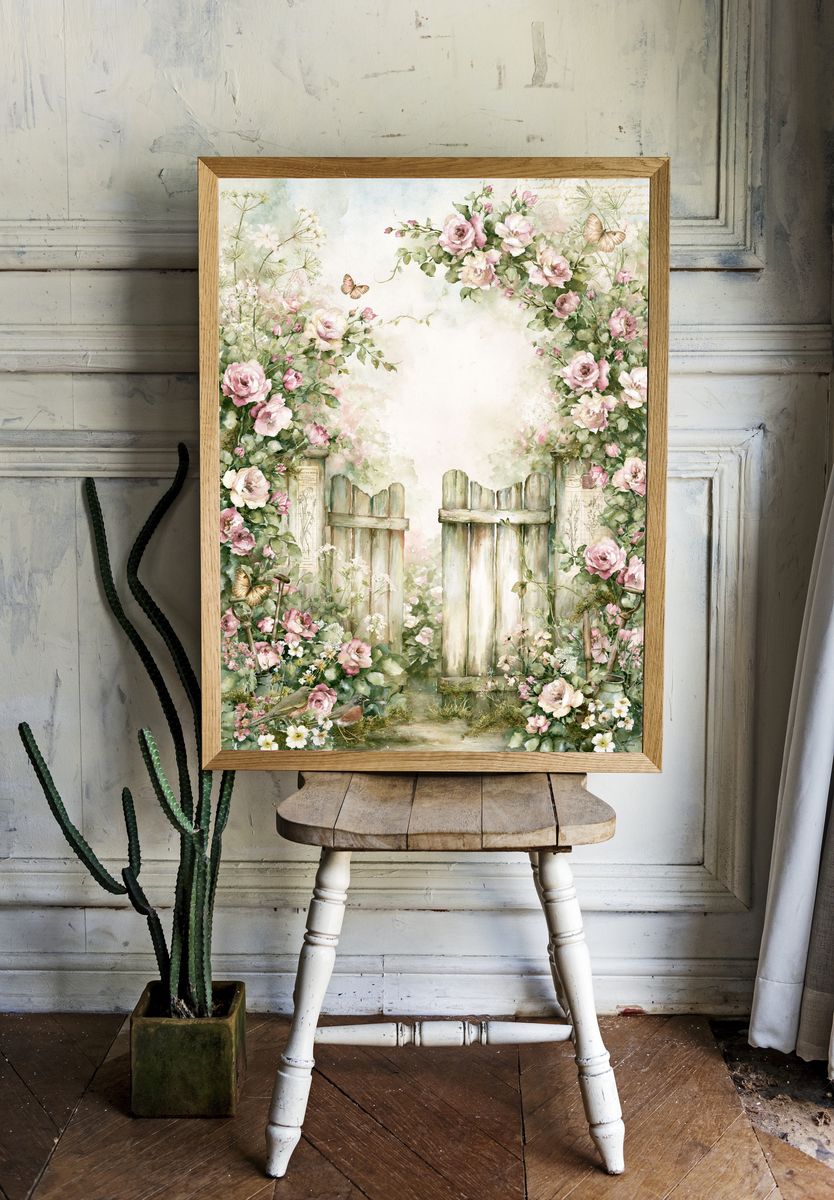 Floral Garden Gate Watercolor Print. room preview