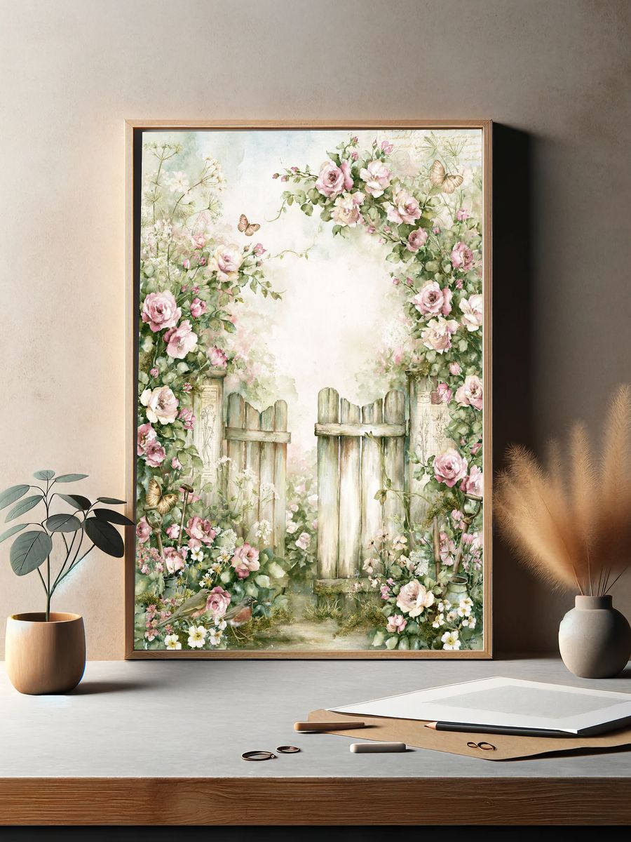 Floral Garden Gate Watercolor Print. — room view 2