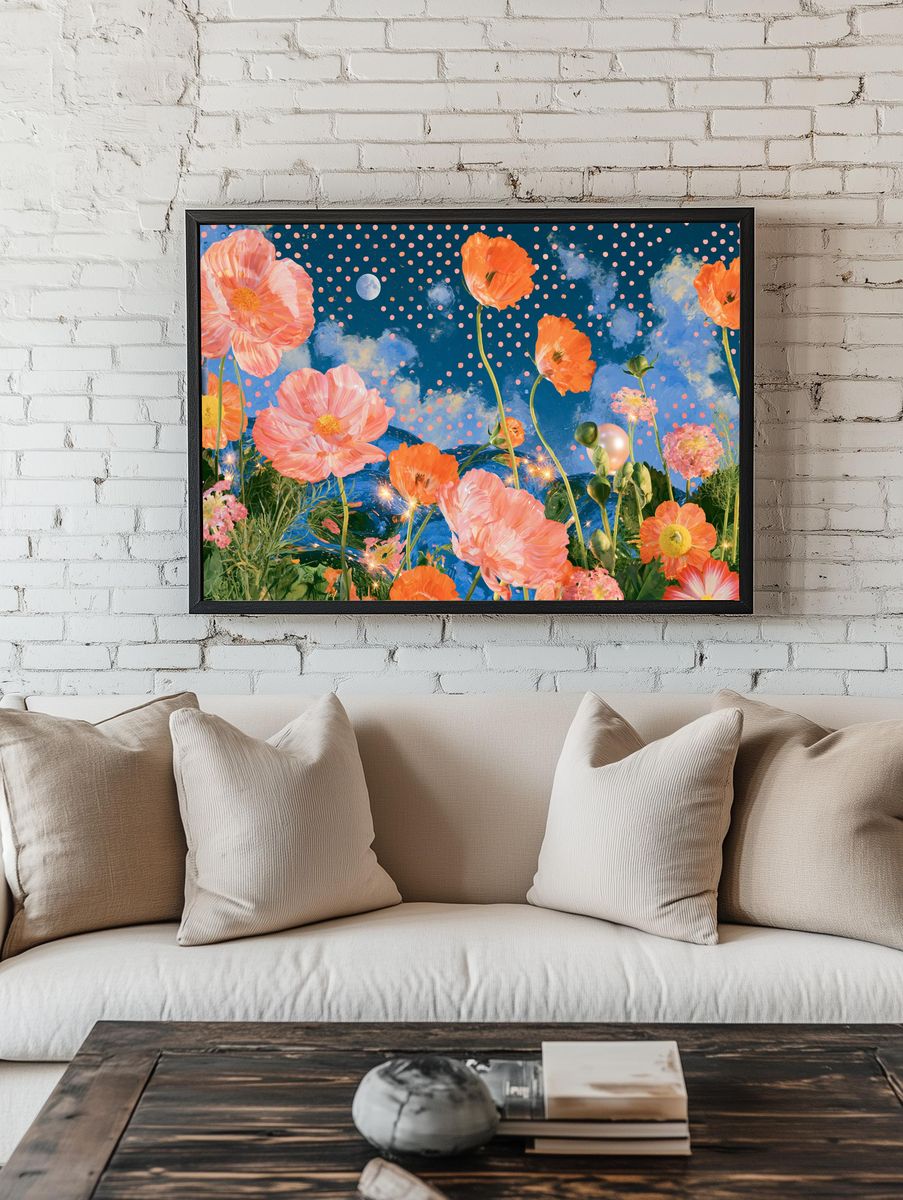 Moonlit Poppy Garden Print. room preview
