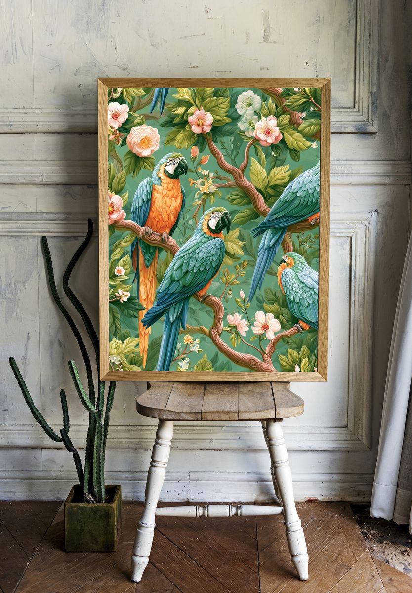 Tropical Parrots Botanical Poster. room preview
