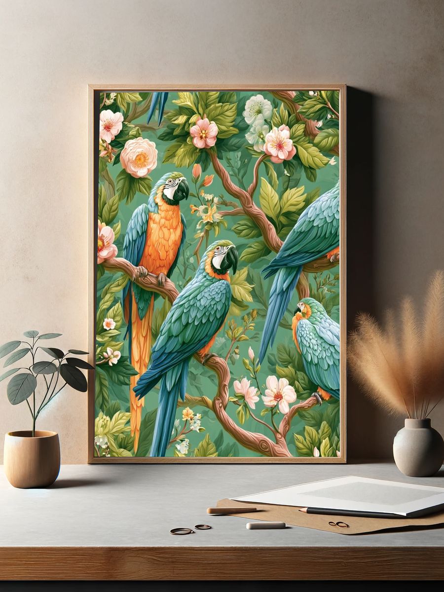 Tropical Parrots Botanical Poster. — room view 2