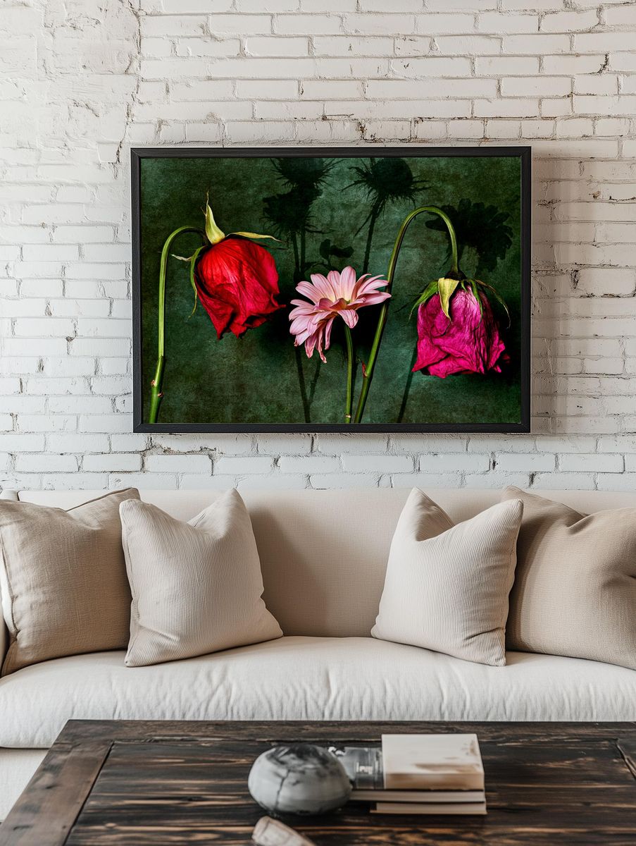 Wilted Flowers Botanical Print. room preview