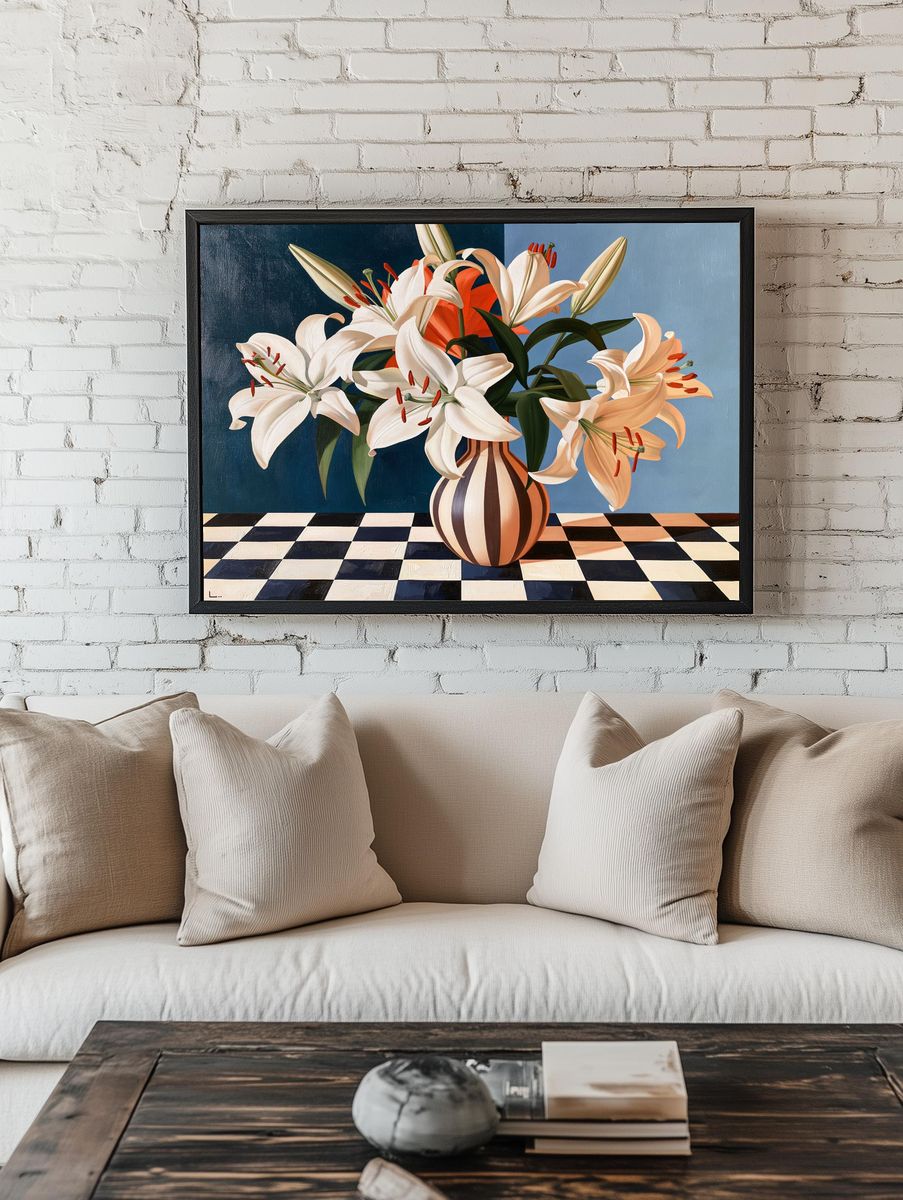 White Lilies Still Life Print. room preview