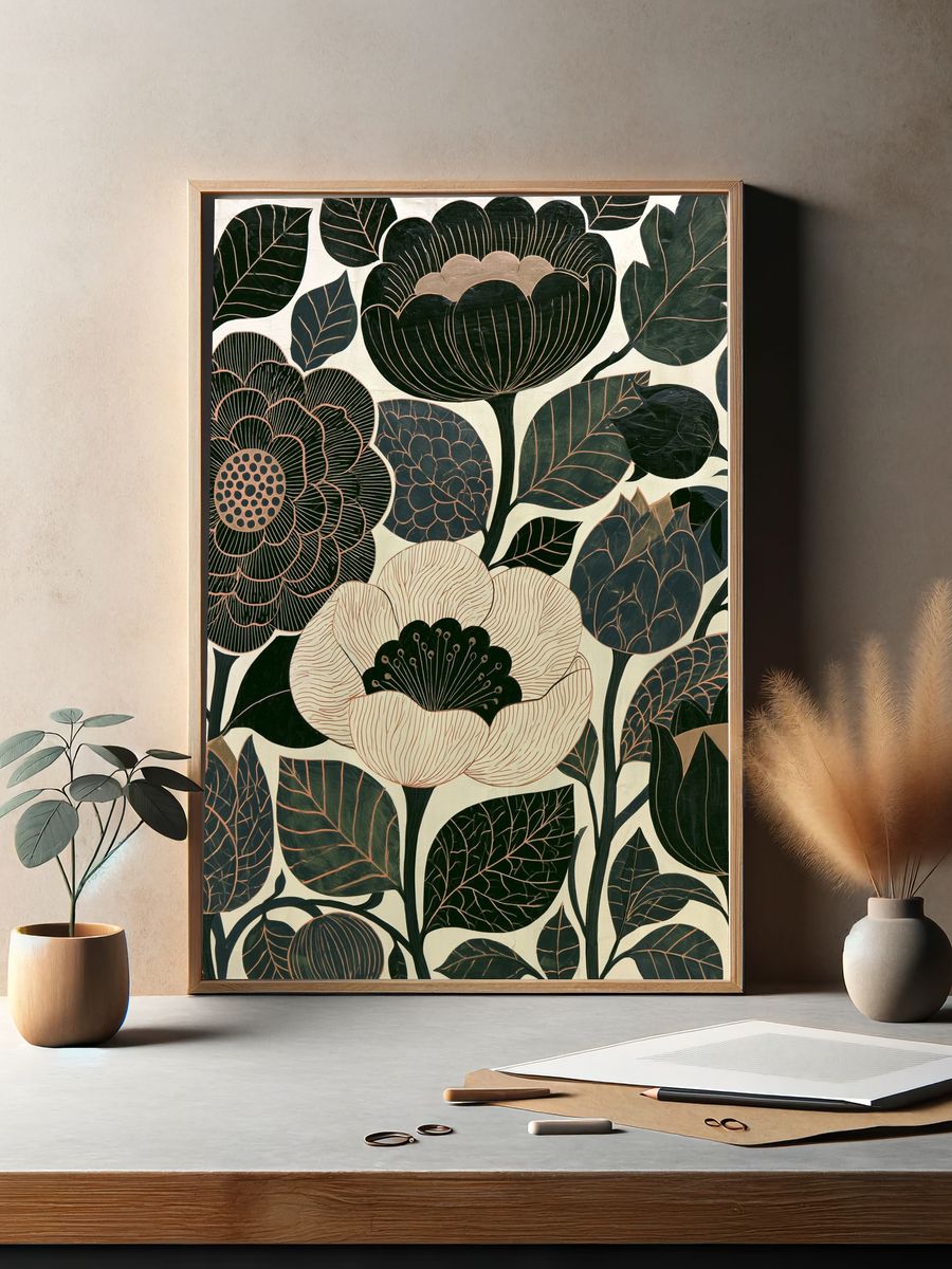 Dark Floral Botanical Poster. — room view 2