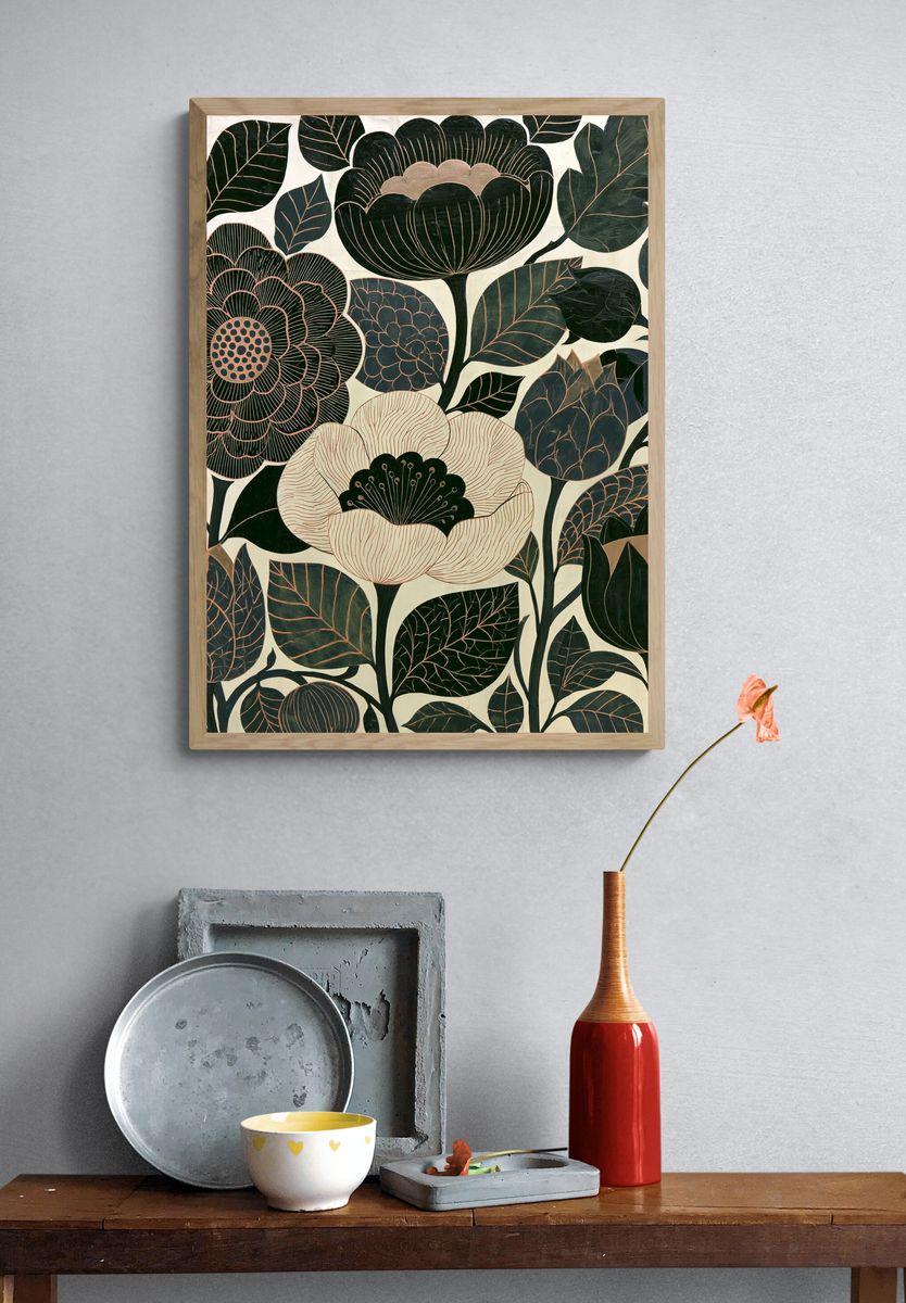 Dark Floral Botanical Poster. — room view 3