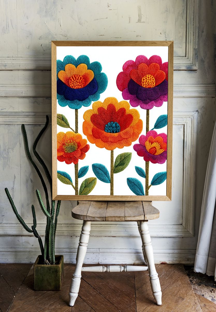 Embroidered Floral Bouquet Print. room preview