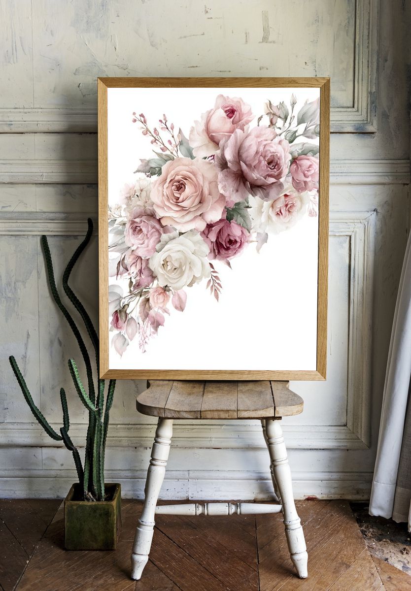 Blush Rose Bouquet Watercolor Print. room preview