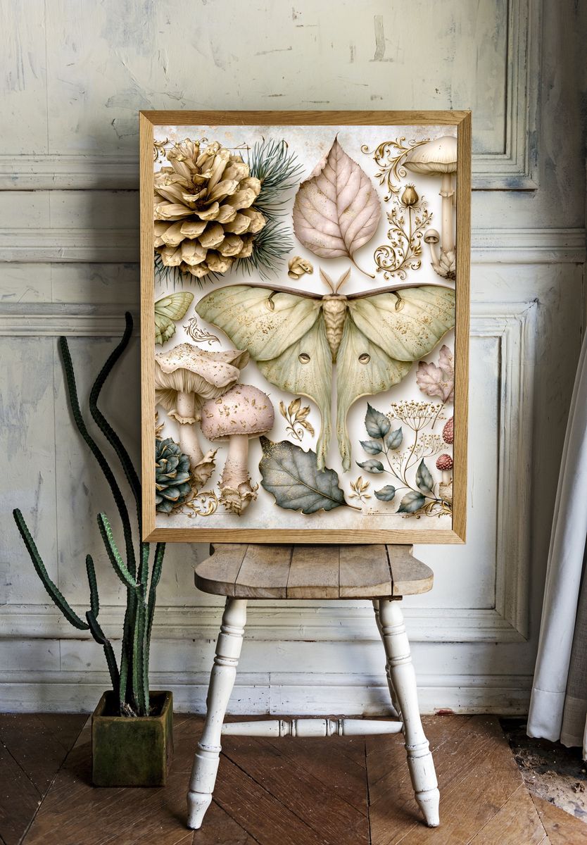 Botanical Moth and Mushroom Print. room preview