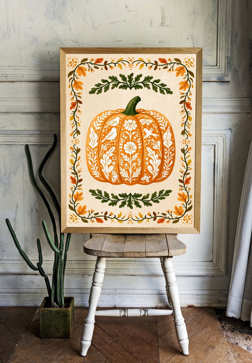 Autumn Pumpkin Botanical Print. room preview