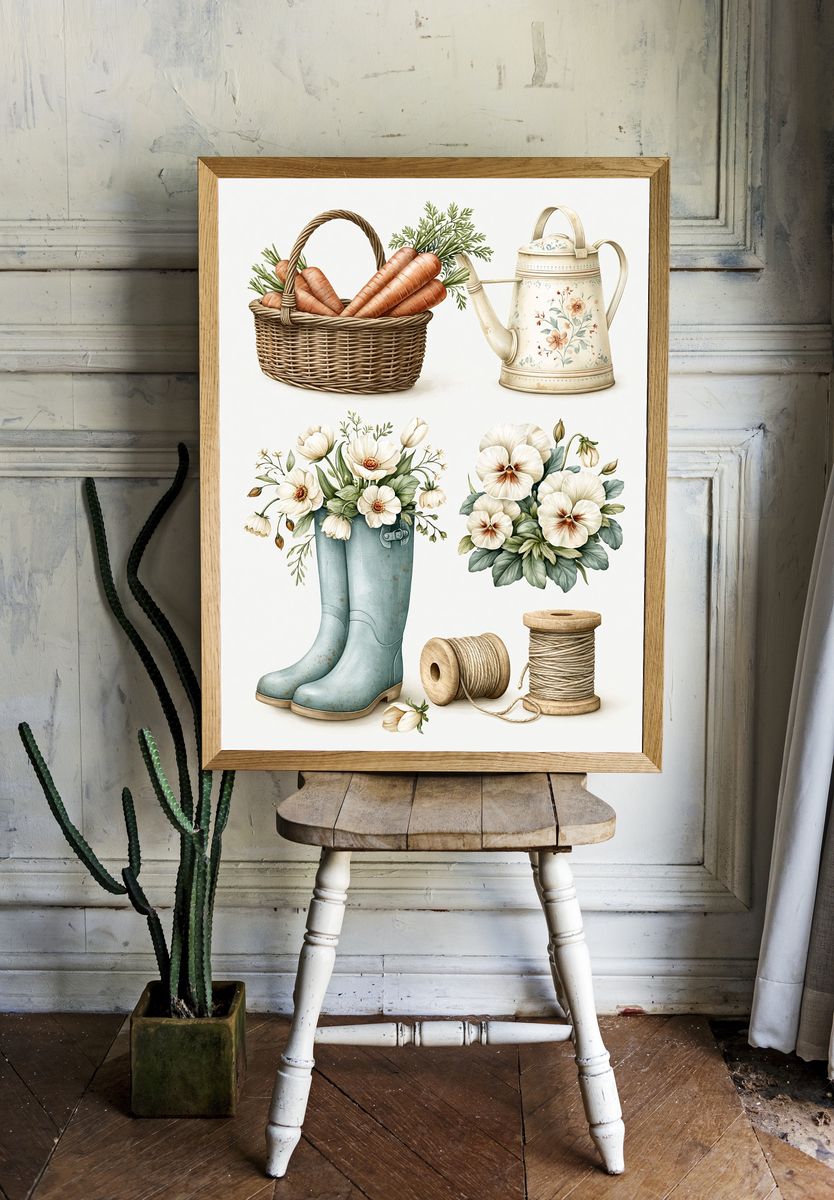 Vintage Garden Tools Botanical Print. room preview