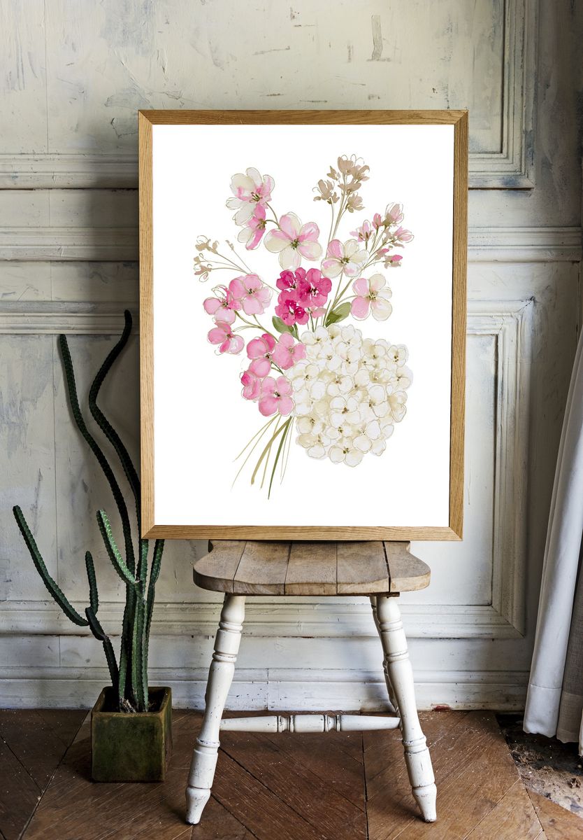 Pink Blossom Bouquet Watercolor Print. room preview
