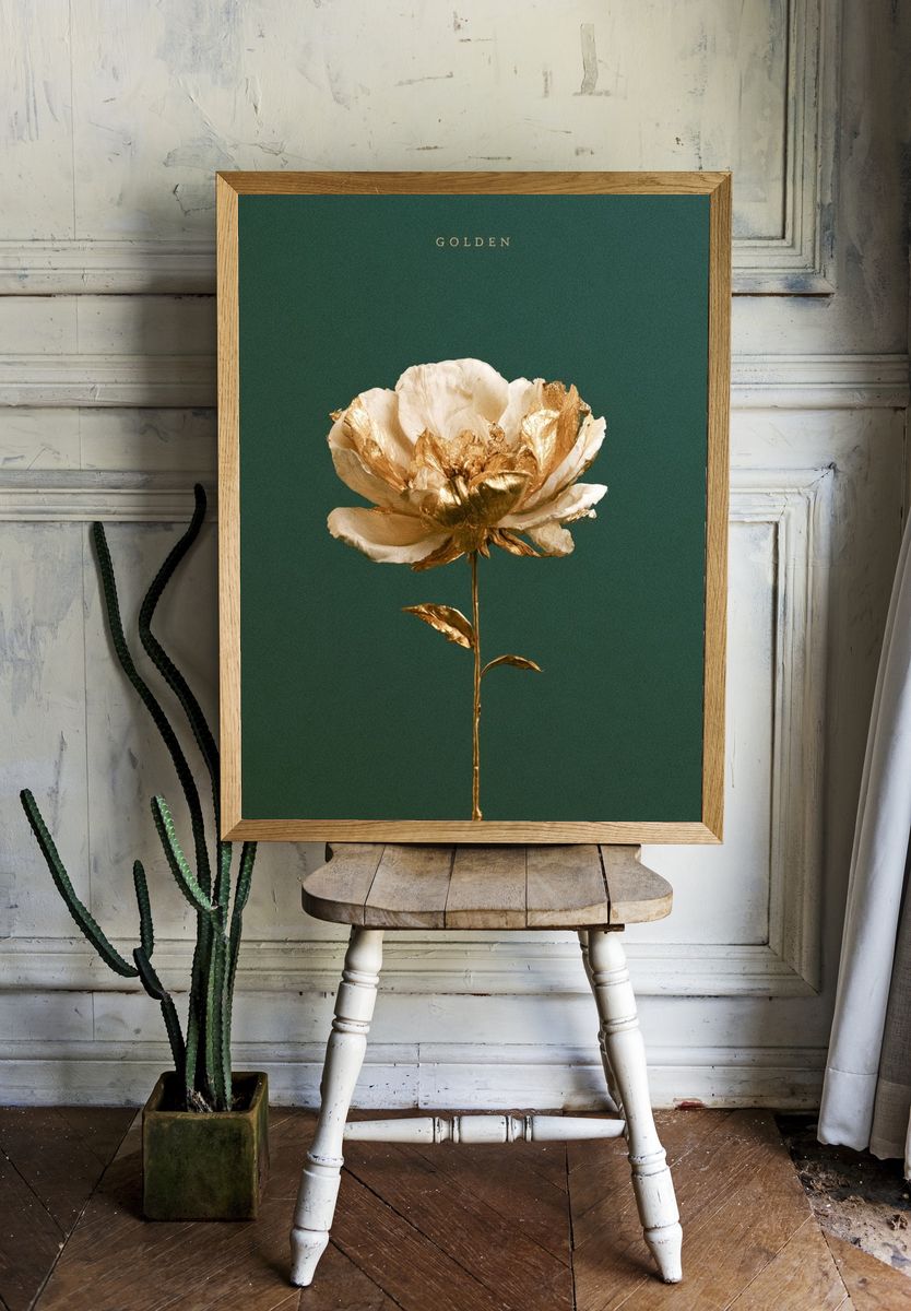 Golden Flower Botanical Print. room preview