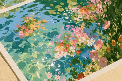 Floral Pool Reflection Illustration Poster.