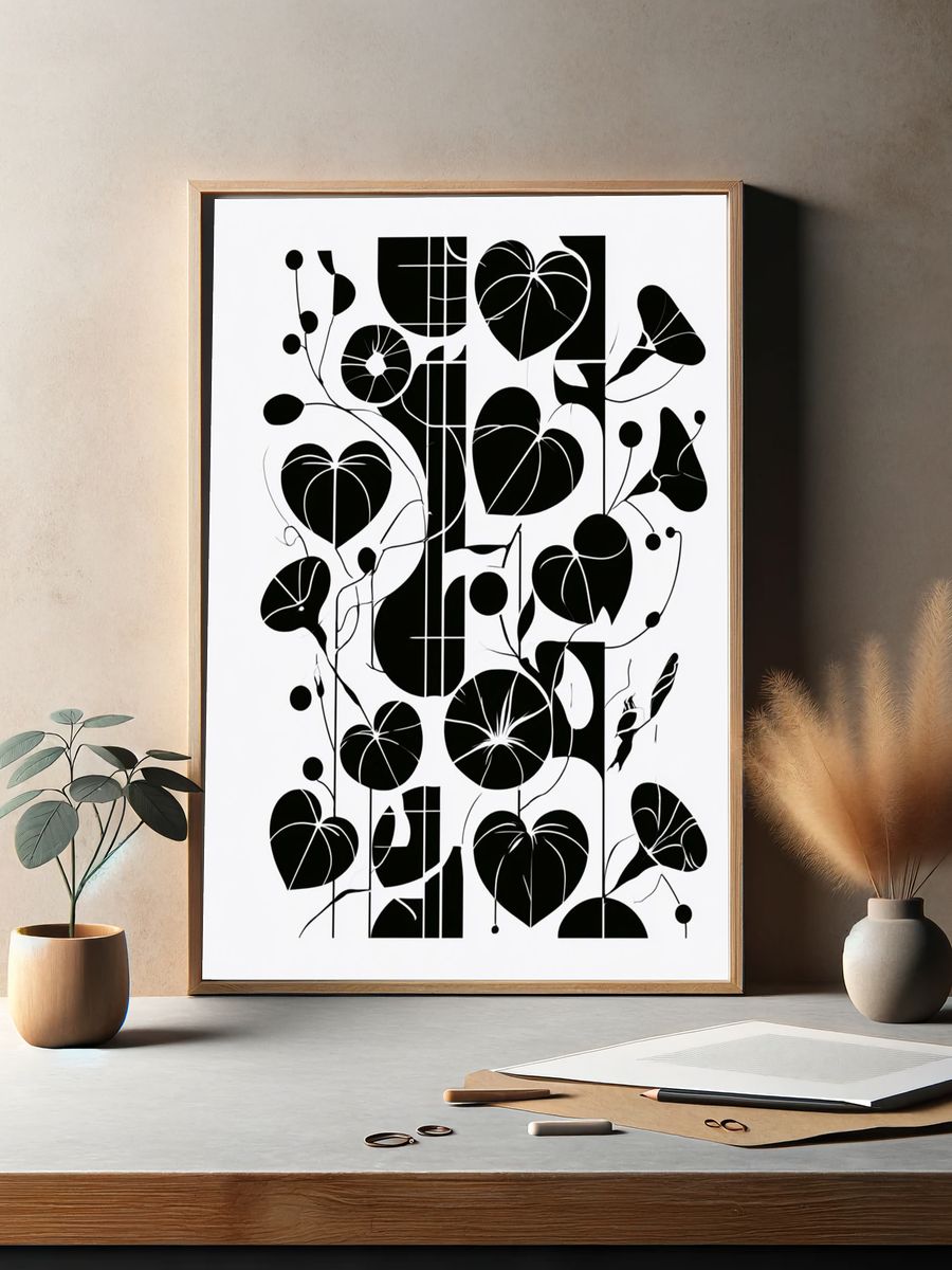 Abstract Botanical Black White Poster. — room view 2