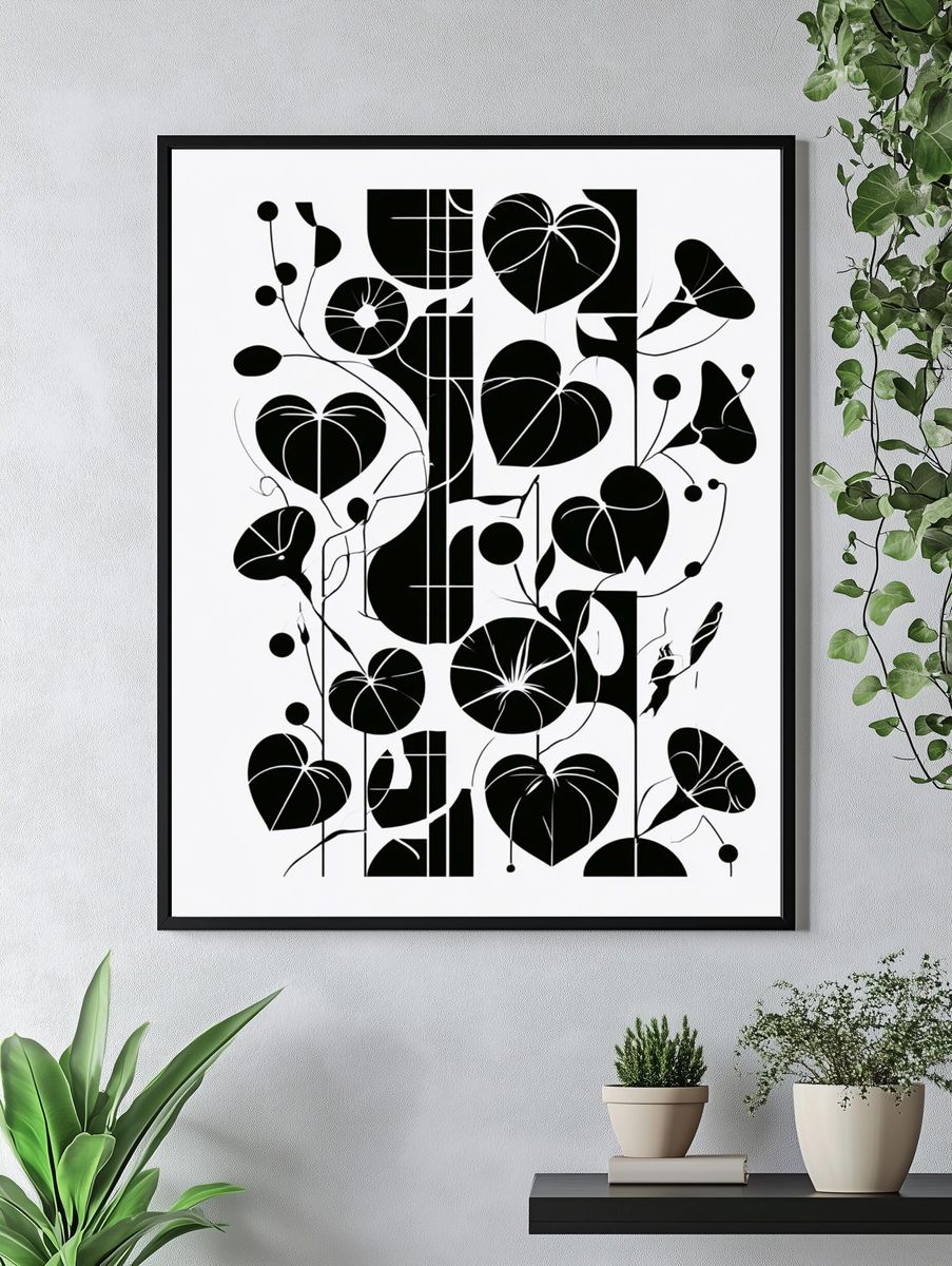 Abstract Botanical Black White Poster. — room view 4