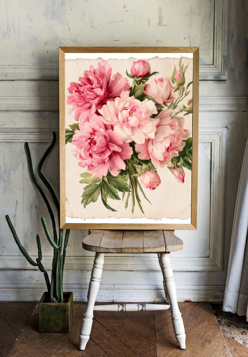 Pink Peony Bouquet Watercolor Print. — room view 1