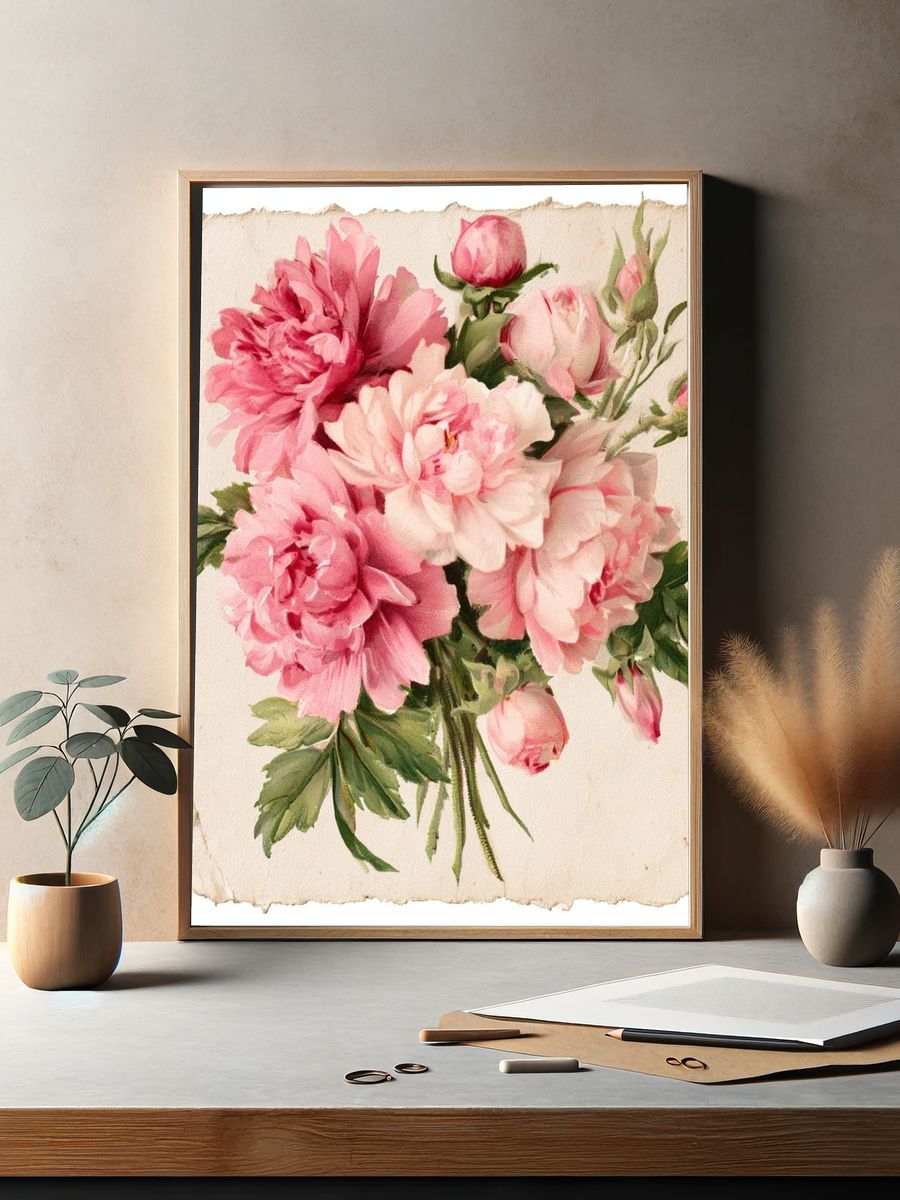 Pink Peony Bouquet Watercolor Print. — room view 2