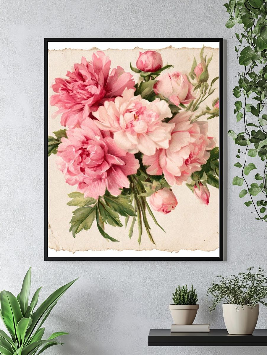 Pink Peony Bouquet Watercolor Print. — room view 4
