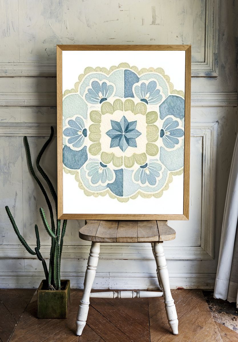 Blue Floral Mandala Illustration Poster. room preview