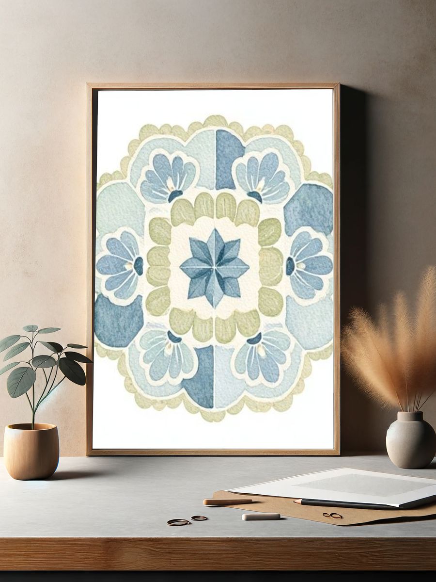 Blue Floral Mandala Illustration Poster. — room view 2