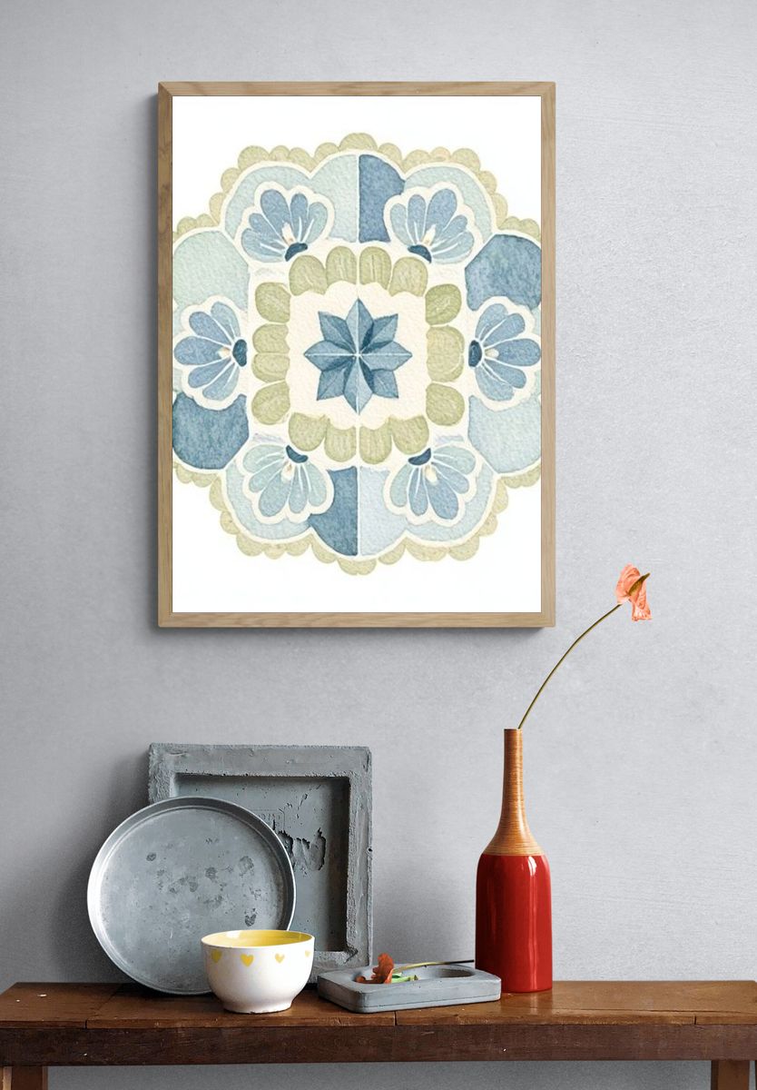 Blue Floral Mandala Illustration Poster. — room view 3