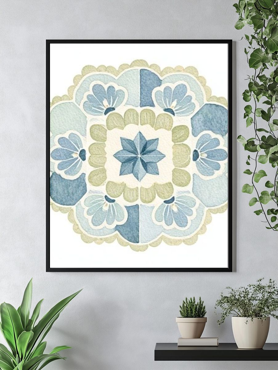 Blue Floral Mandala Illustration Poster. — room view 4