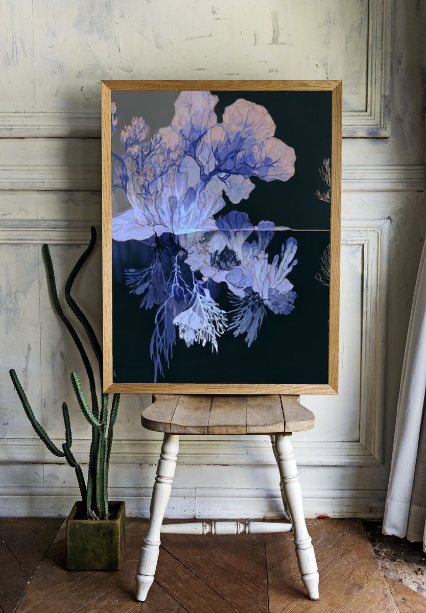 Blue Coral Botanical Print. room preview