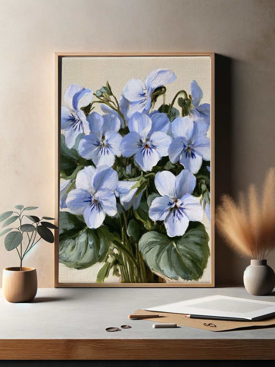 Blue Pansies Botanical Poster. — room view 2