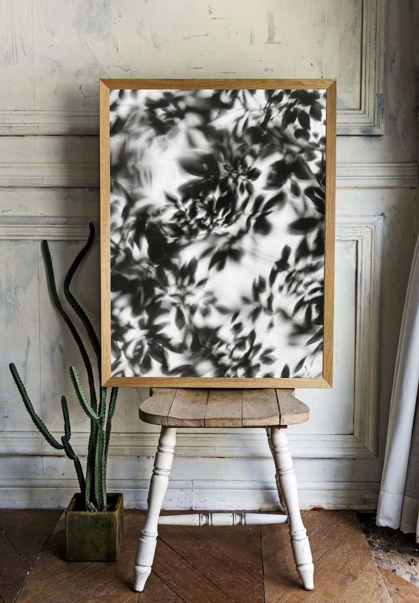 Shadow Leaves Black-White Print. room preview