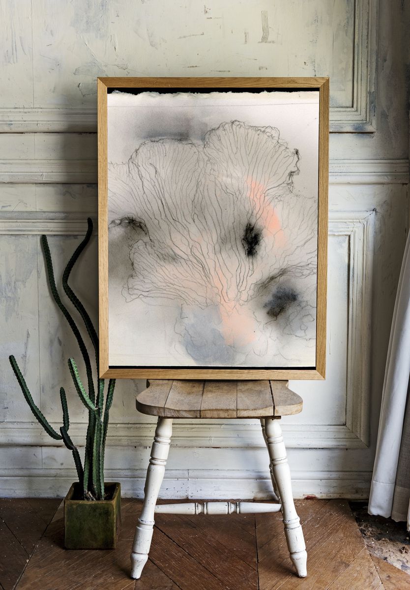 Soft Coral Bloom Abstract Print. room preview