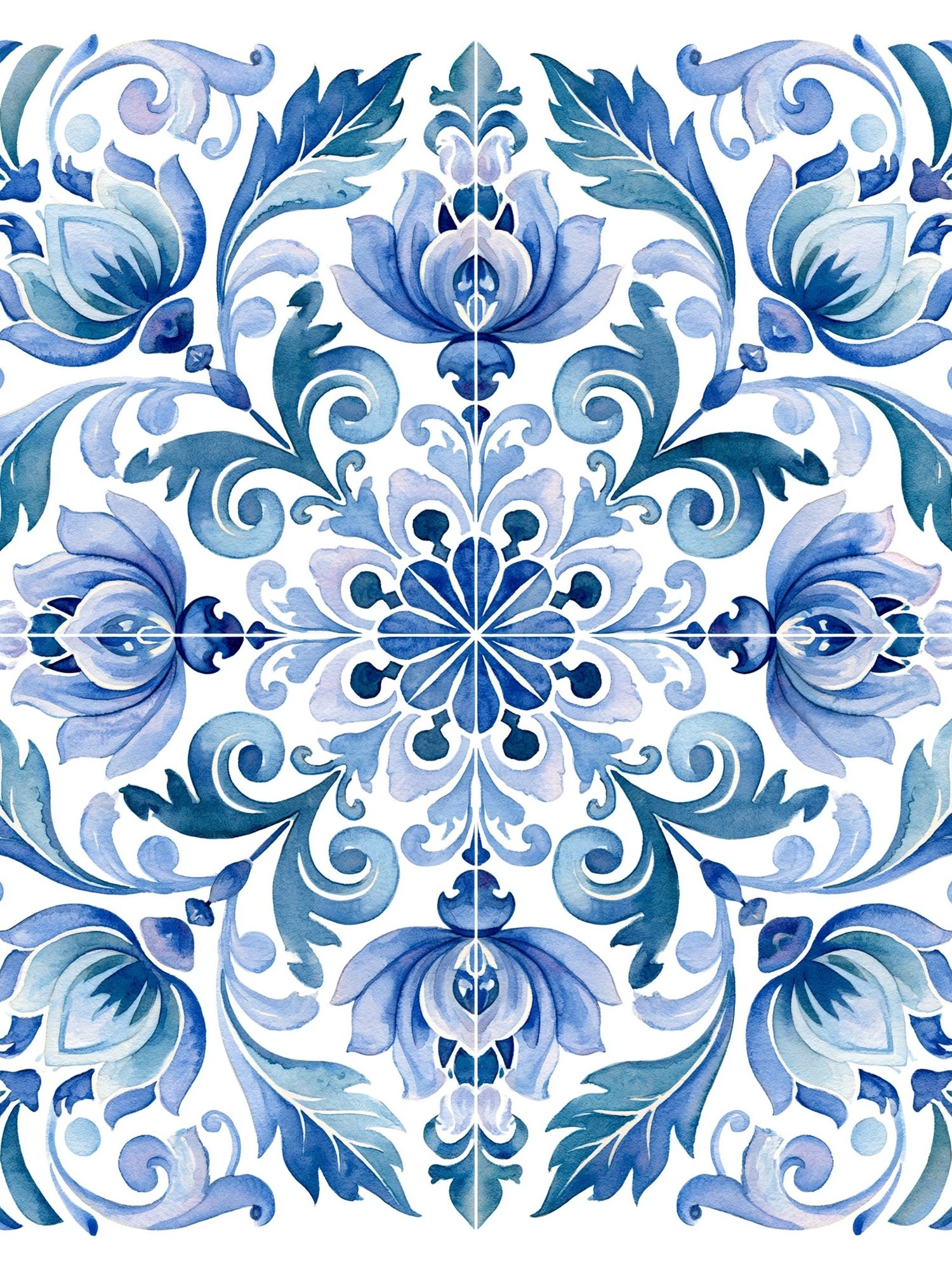 Blue Floral Tile Illustration Poster. poster detail