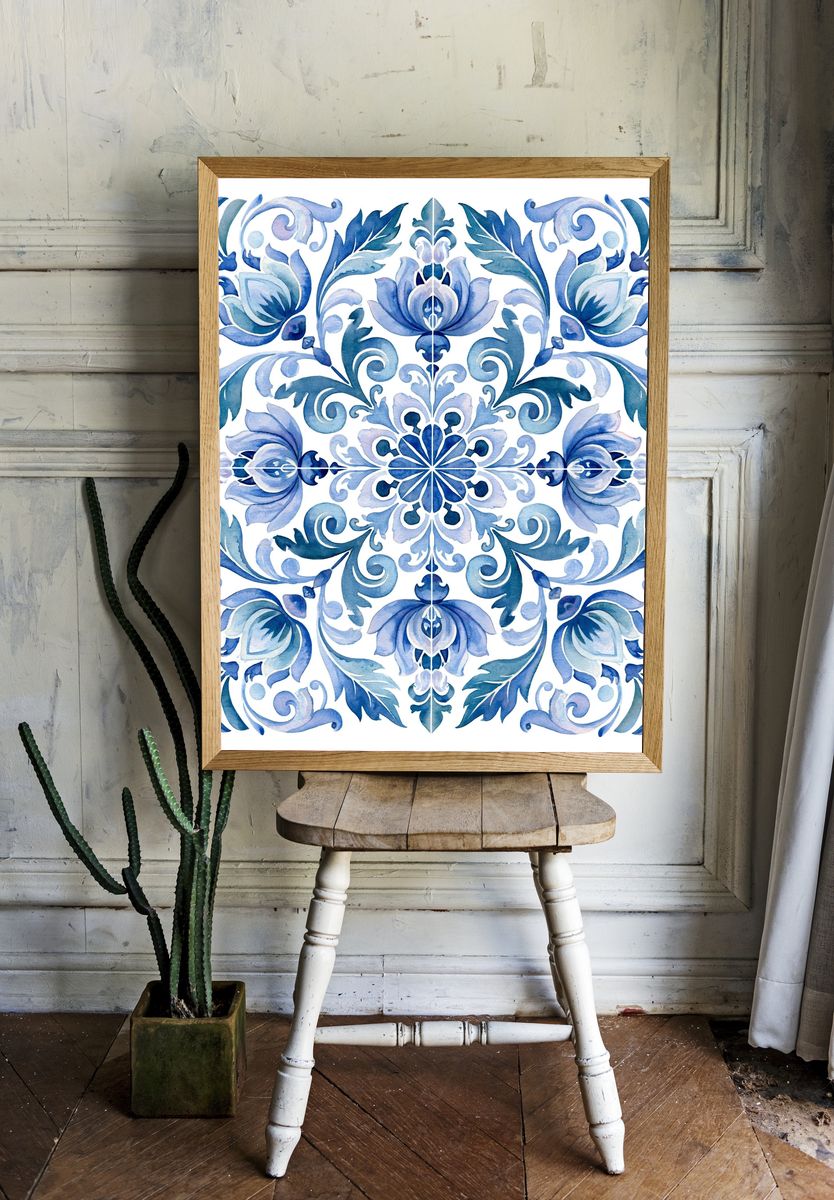 Blue Floral Tile Illustration Poster. room preview