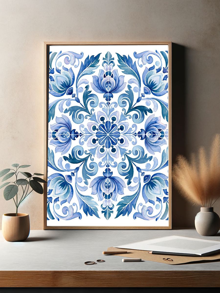 Blue Floral Tile Illustration Poster. — room view 2