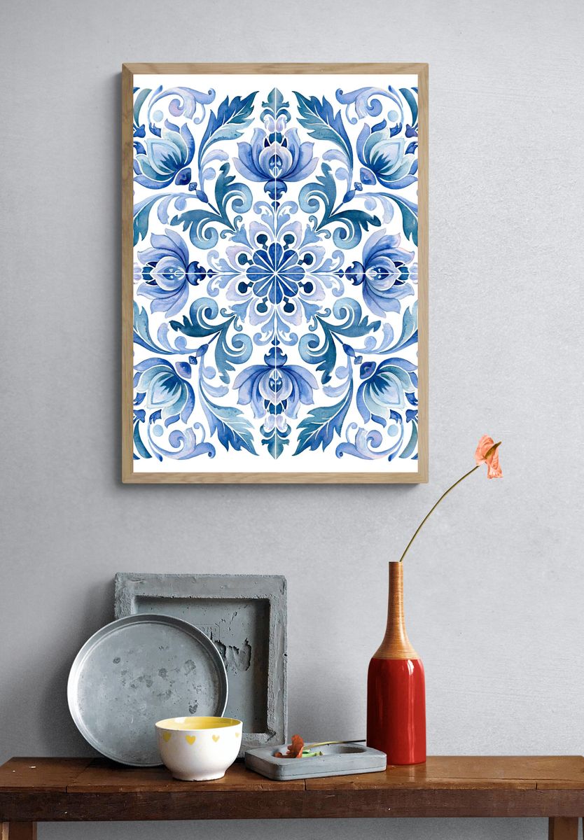 Blue Floral Tile Illustration Poster. — room view 3