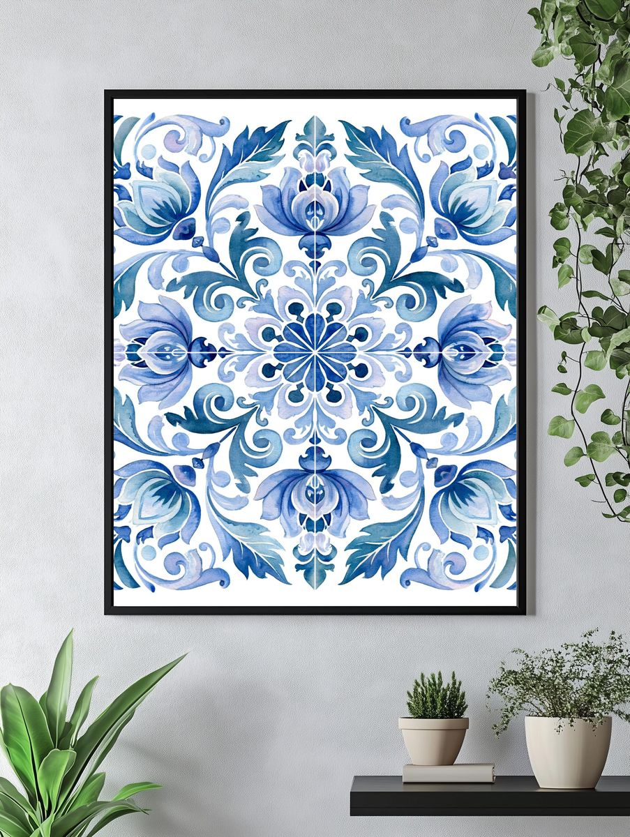 Blue Floral Tile Illustration Poster. — room view 4