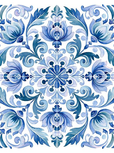 Blue Floral Tile Illustration Poster.