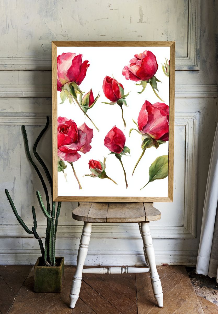 Pink Roses Watercolor Print. room preview