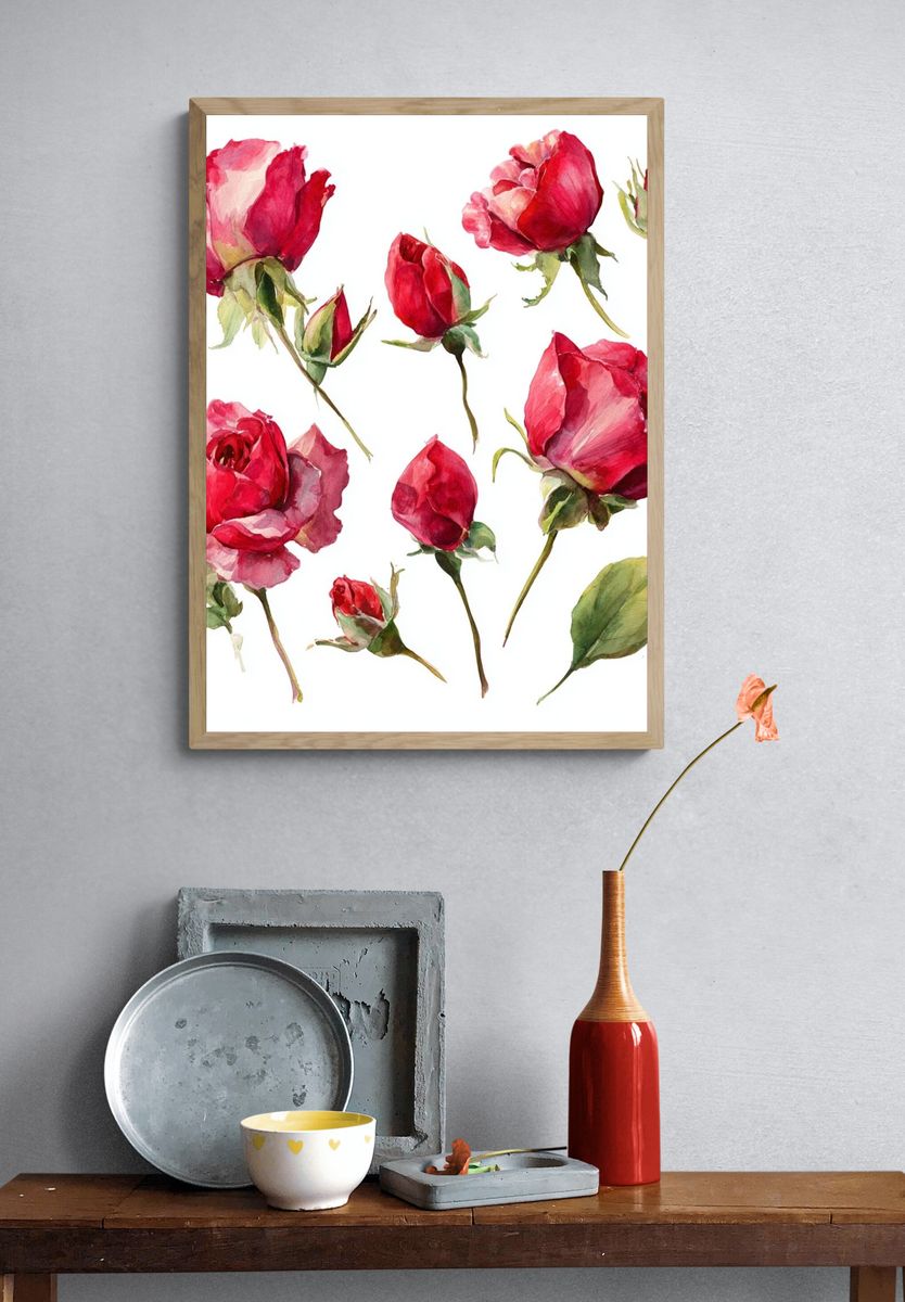 Pink Roses Watercolor Print. — room view 3